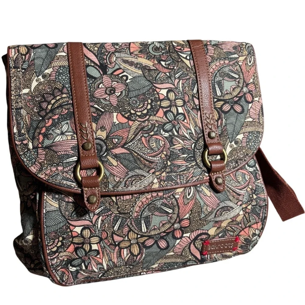 Sakroots Convertible Backpack Messenger Bag Floral Canvas Boho Multi-Color